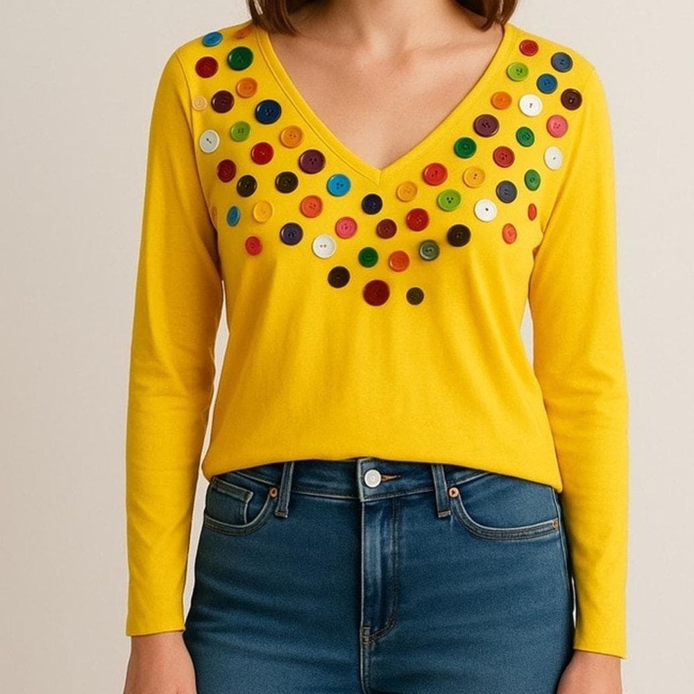 Vintage Yellow Button‎ Art Top Boho Cotton Hong Kong Statement Festival Blouse